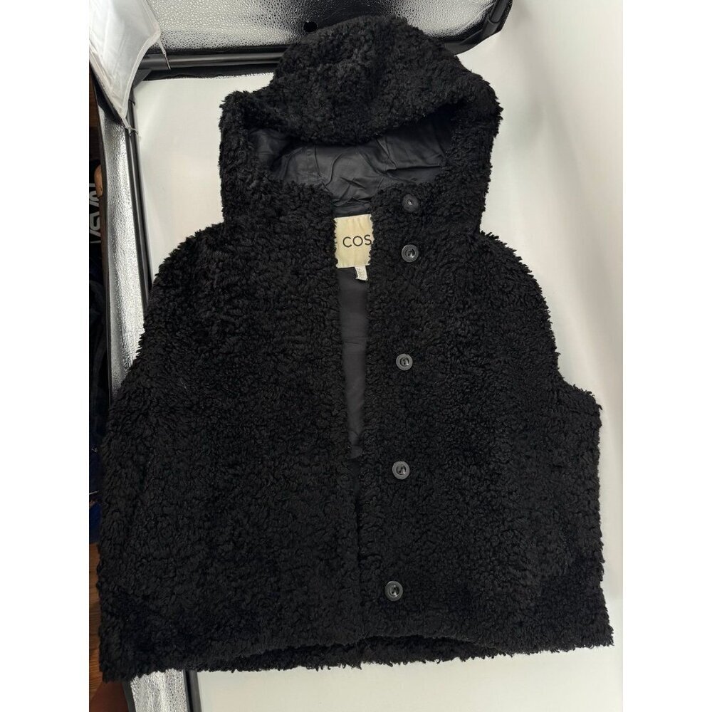 COS Hooded Faux Shearling Vest With Pockets Black Size 12